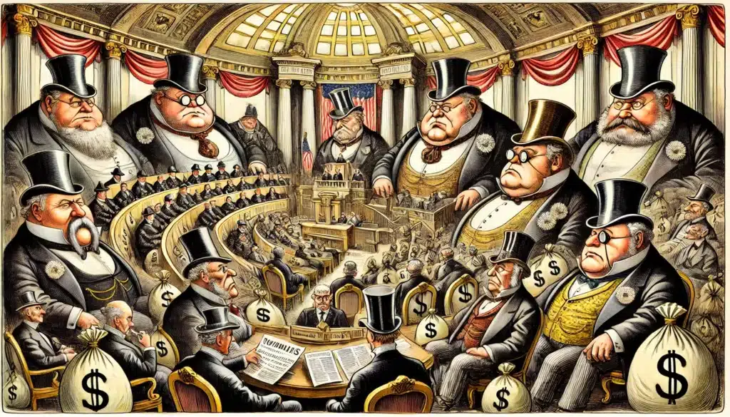 this image is an illustration of political looking white men holding bags of money in a court situation and is used by Edinburgh based PR Agency Hot Tin Roof to illustrate their blog post "March of the oligarchs"